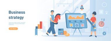 İş stratejisi ve planlama. Başlangıç, hedef, başarı, yatırım, para kazanma. Düz konsept sosyal medya promosyon materyali için harika. Beyaz arkaplanda web sitesi afişi.