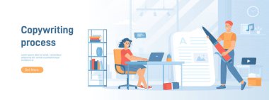 Kopya yazarlığı. Web sayfaları, reklamlar, promosyonlar, değerli içerikler yazmak. Etkili çevrimiçi pazarlama. Düz konsept sosyal medya promosyon materyali için harika. Beyaz arkaplanda web sitesi afişi.