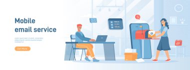 Mobil e-posta servisi. Haber gönderme, tanıtım postaları, e-posta pazarlama. Düz konsept sosyal medya promosyon materyali için harika. Beyaz arkaplanda web sitesi afişi.