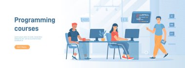 Dil programlama kursları. Mobil uygulama ve bilgisayar yazılımı geliştiriliyor. Merhaba teknik eğitim. Düz konsept sosyal medya promosyon materyali için harika. Beyaz arkaplanda web sitesi afişi.