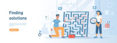 İş problemlerine çözüm bulmak. İş düşüncesi, stratejik karar verme. İnsanlar labirentten çıkış yolu arıyorlar. Düz konsept sosyal medya promosyon materyali için harika. Web sitesi afişi