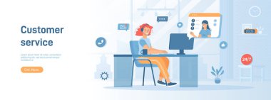 Müşteri hizmetleri. Kulaklıklı operatör müşterilere danışıyor, soruları cevaplıyor ve sorunları çözüyordu. Pankart, web sitesi tasarımı veya iniş sayfası için insan karakterleriyle düz çizgi film vektör illüstrasyonu.