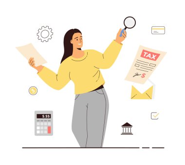 Kişisel mali denetim konsepti, vergi danışmanı. Vergi denetimi, danışmanlık. Gelir vergisi ya da gider analizi. Büyüteç ve evrakları olan bir kadın. Çizgi film düz vektör çizimi.