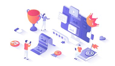 Yüksek Kalite İçerik. İçerik pazarlama ve optimizasyon. Fotoğraflar, videolar, internet sitesine, blog 'a ya da sosyal ağa gönderiler ekleniyor. Web grafiği için insan sahnesiyle izleyici illüstrasyonu.