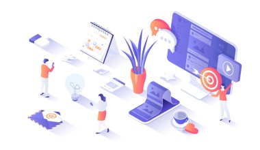 Sosyal medya içeriği. Pazarlama stratejisi kullanıcıların dikkatini çekiyor. Viral Pazarlama ve Sosyal Medya Paylaşımı. Web grafiği için insan sahnesiyle izleyici illüstrasyonu.