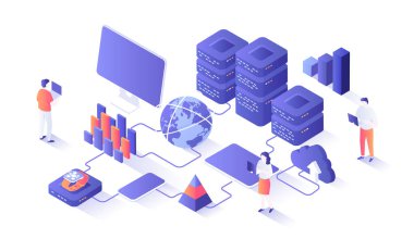 Big Data Analizi. Depolama, Makine öğrenme algoritmaları, analiz, dağıtım bilgileri, optimizasyon için raporlama. Web grafiği için insan sahnesiyle izleyici illüstrasyonu.