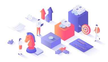 Yatırım stratejisi. Yatırımın mali başarısı. Karlı büyüme adımları. Web grafiği için insan sahnesiyle izleyici illüstrasyonu.