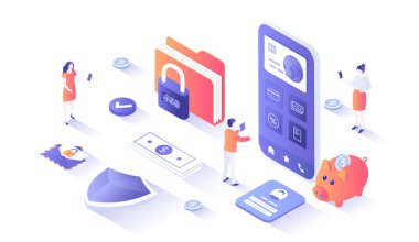 Dijital Bankacılık Çevrimiçi Hizmetleri. Mobil bankacılık ve muhasebe platformu. Çevrimiçi mali işlemler, ödeme, alışveriş. Web grafiği için insan sahnesiyle izleyici illüstrasyonu.