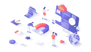 Sosyal medya pazarlama SMM. Pazarlama ve iletişim stratejisi. Sosyal ağlar aracılığıyla terfi. Mıknatıs, duygu simgelerini, beğeni ve yorumları çeker. Web grafiği için insan sahnesiyle izleyici illüstrasyonu