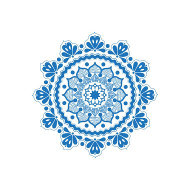 Beyaz arka planda mavi dantel mandala, etnik model, vektör.