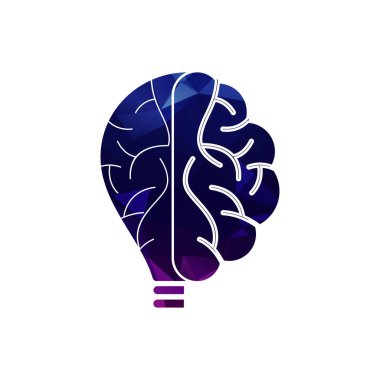 Ampul ve beyaz arka plan üzerinde izole beyin yarısı logolu. Yaratıcılık, yaratıcı fikir, zihin, düşünme sembolü.