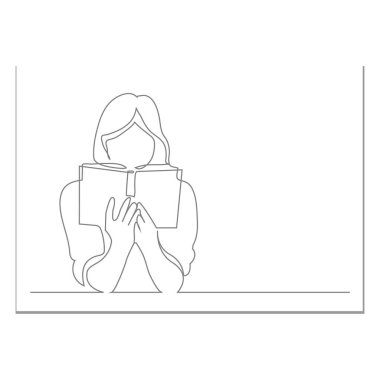 Devamlı çizimler, kitap okumaya odaklanmış genç bir kadın. Her Zaman, Her Yerde, Okuma ve Okuma. Tek Çizgi Çizim Biçimi