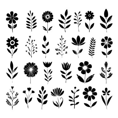 Yeşillik siluet koleksiyonu. Beyaz arka planda izole edilmiş düz stil botanik siyah elementler. Vektör illüstrasyonu.