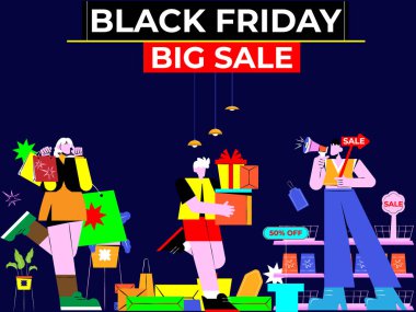 Kara Cuma illüstrasyon konsepti iki arkadaşın alışveriş sepetleri, online alışveriş, indirimler, sosyal medya illüstrasyonları.