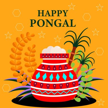 Güney Hindistan 'daki Tamil Nadu Tatil Hasat Festivali' nin kutlu olsun. Beyaz arkaplanda Mutlu Pongal tebrik kartları.