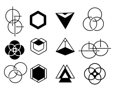 Temel şekillerin vektör kümesi. Değişken kalitenin geometrik resmi formu. Çokgen elementler Modern trend minimalist temel şekiller, yıldız, çizgiler, çember.