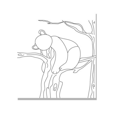 Beyaz arka planda elle çizilmiş bir panda seti. Şirin panda. Panda surat, panda ayı bambu ağacına tırmanıyor, yürüyor ve bambu yiyor.