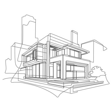 Modern mimari binası. Ticari bina binasının sürekli çizimi. Tek sıra Modern konut binası beyaz arka planda izole edildi.