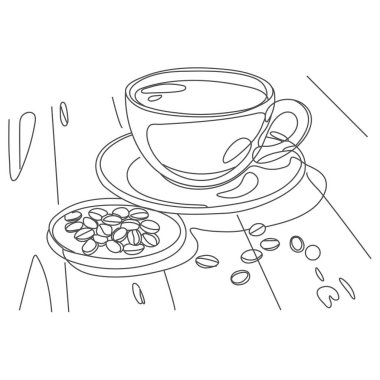 Çocuklar için çizgi film kahvesi. Beyaz arka planda aile ve öğretmenler için ana okul ve ev eğitimi için vektör illüstrasyonudur..