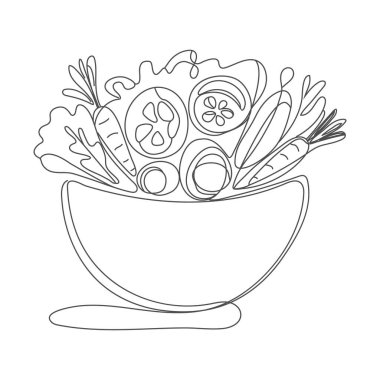 Tabak logosu üzerinde tek sıra halinde stilize sebze salatası çizimi. Sağlıklı gıda restoranı konsepti.