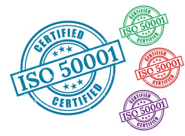 Bir ISO 50001 Sertifikalı Pul Vektör Seti, Enerji Yönetim Sistemi Etiketi