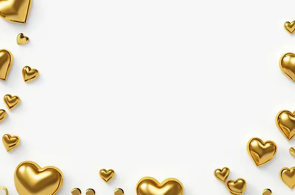 stock image 3D glossy golden hearts beautifully flying on a bright white background. Made with generative AI technology