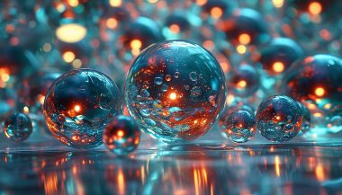 3D Abstract array of glassy spheres, each one casting reflections and light flares, floating in an ethereal atmosphere. Made with generative AI technology clipart