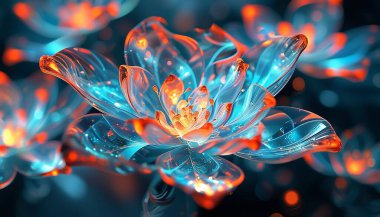 3D Abstract fractal flower pattern unfolding, its petals made of glowing, glass-like material suspended in air. Made with generative AI technology clipart