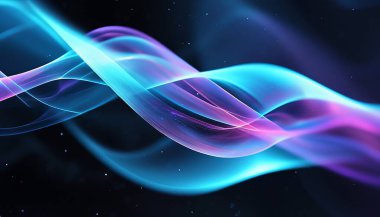 3D Abstract ribbons of soft blue and purple light, weaving through a deep black space, leaving a faint glow in their wake. Made with generative AI technology clipart