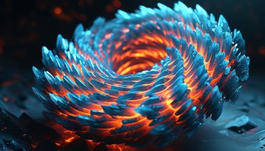 3D Abstract crystalline structures with glowing tips, arranged in a spiraling pattern, floating through a dark, surreal. Made with generative AI technology clipart