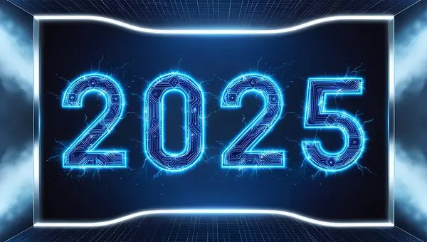 Fütürist dijital geri sayım ekranında gösterilen, neon devreler ve kıvılcımlarla vurgulanmış 2025 numara. Üretken yapay zeka teknolojisiyle yapıldı