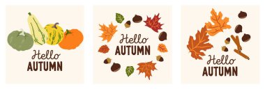Sonbahar tebrik kartı şablonu. Merhaba güz sezonu, şükran günü davetiyesi. Minimalist kartpostal doğa yaprakları, balkabakları, soyut şekiller. Çizgi film tarzında vektör illüstrasyonu