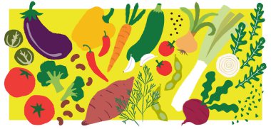 El yapımı sebze koleksiyonu: patlıcan, domates, dolma biber, kabak, soğan, tatlı patates, roket ve pırasa.