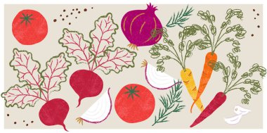 Sebze İllüstrasyonu seti - el çizimi, renkli toprak sebzelerin vektör çizimleri.