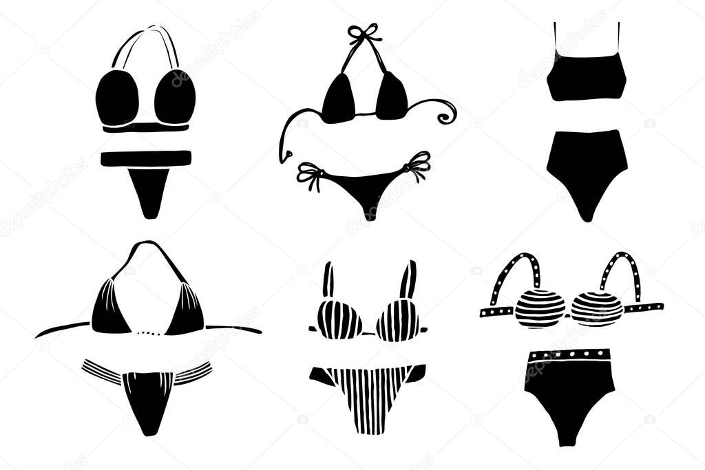 Two-piece bikini swimsuit icon collection. Simple black stylized shapes. Fashion doodle clip art. Front, black and white