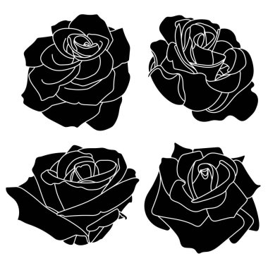 Bir dizi siyah gül silueti. Dört çiçek deseni, koyu siyah yalıtılmış elementler. Yazdırma ve dijital tasarım, tebrik kartları, davetiyeler, düğün dekoru, duvar sanatı ve markalaşma malzemeleri.