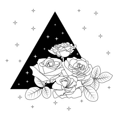 Çiçek kompozisyonu. Siyah çizgili güller, yapraklı buket, siyah üçgen ve yıldızlar. Madalyalı tek renkli illüstrasyon. Sevgililer Günü için tasarım ögesi, düğün, kartlar, davetiyeler, yazdırma, web