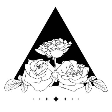 Çiçeksel geometrik çizim. Beyaz arka planda siyah bir çizgi. Siyah üçgen şekilli ve yıldızlı gül kompozisyonu. Tasarım ögesi, Valentine, kartlar, davetiyeler, yazdırma, boyama sayfaları, web