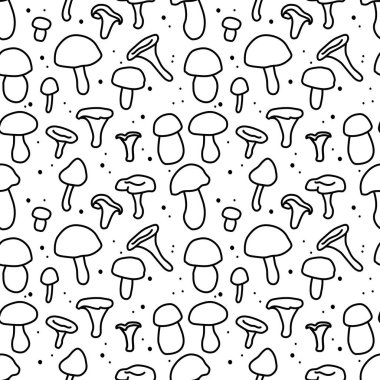 Mantar deseni. Kusursuz, sonsuz bir düzen. Beyaz arka planda siyah basit hatlar. Kumaş, tekstil, baskı, ağ, duvar kağıtları, arka planlar, ambalaj kağıtları, ambalaj