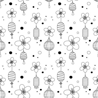 Seamless Pattern. Lunar New Year, Plum Bloom, Paper Lanterns, Lamps, Flowers, Blossom. Black contours. Endless ornament. Graphic illustrations, fabric, textile, print, web, wallpaper, background