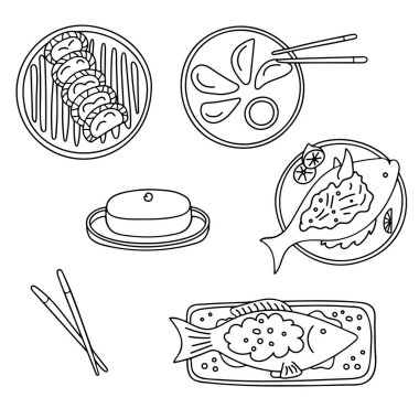 Geleneksel Çin Yeni Yıl Yemeği. Balık Yu, hamur işleri Jau gok, Jiaozi, pirinç keki Niangao. Siyah hat beyaz arka planda izole edilmiş. Web ve dijital tasarım simgeleri, kartlar, boyama sayfaları, menüler