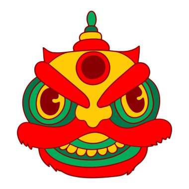 Aslan kafa dansı ikonu. Geleneksel Çin Yeni Yıl Kutlaması. Basit düz element, karalama şekli, canlı renkler. Web, dijital tasarım, baskı, kağıtlar, boyama sayfaları, davetiyeler, kartlar