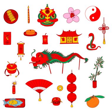 Ay Yeni Yıl Clipart. Yılan yılı. Geleneksel Çin kutlama ikonu seti. Yemekler, semboller, botanik öğeler. Düz karalama tarzı, basit renkler. Yazdırma, çıkartma, kart, dekor, tasarım kağıtları