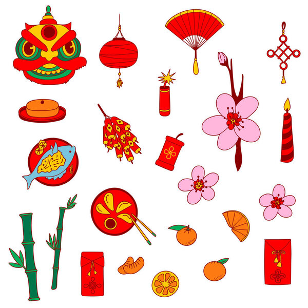 Китайский новогодний набор икон. Традиционные символы, плоские яркие элементы дизайна. Танцевальная маска льва, пельмени, веер, рыба, апельсины, бамбук, конверты, рисовый торт, цветок сливы. Web, стикеры, печать