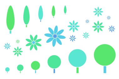 Soyut ağaçlar ve çiçekler. Geometrik doğa simgeleri. Basit minimalist şekiller koleksiyonu, durgun yeşil, mavi renkler, izole edilmiş, beyaz arkaplan. Bilgi grafikleri, posterler, web sitesi, broşürler, baskılar