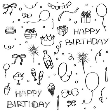 Elle çizilmiş doğum günü kutlaması paketi. Karalama grafik elementleri, beyaz arkaplanda siyah bir çizgi. Yazdırma, web tasarımı, sabit tasarım, çıkartmalar, ambalaj kağıdı, boyama sayfaları için uygun