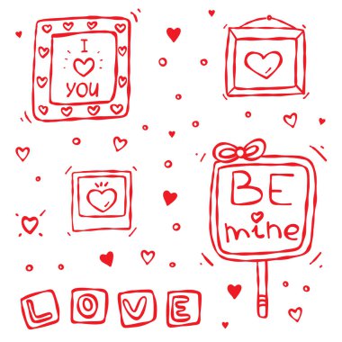 Red Doodles 'a bayılırım. El çizimi karalamalar. Çerçeveler, polaroid fotoğraf, afiş. Sevgiler, Be Mine, seni seviyorum. Sevgililer Günü, düğün ya da yıldönümü tasarımı, hediyeler, baskılar, tebrik kartları ve davetiyeler.