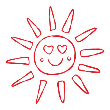 Kalpten bakan gülümseyen bir güneş. El çizimi karalama. Kırmızı hat beyaz arka planda izole edilmiş. Aşk, ekoloji, doğa, sevgililer günü, yıldönümü, kartlar, baskılar, çıkartmalar, web tasarımı, bloglar