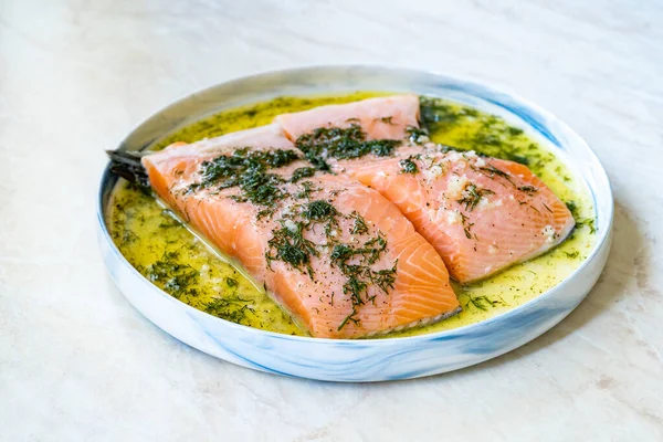 stock image Marinated Raw Salmon with Dill and Olive Oil. Ready to Eat.