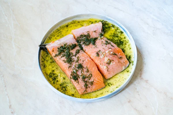 Marinated Raw Salmon Dill Olive Oil Ready Eat — Stock Photo, Image